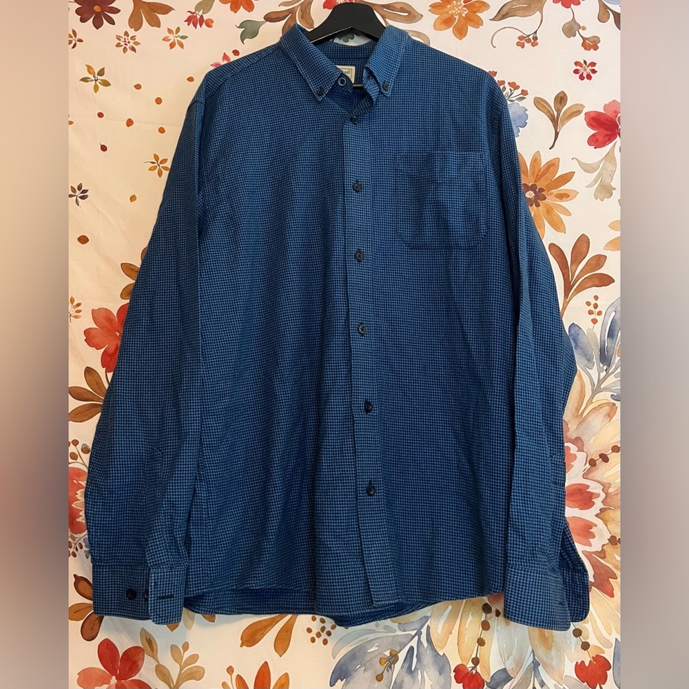 L.L. Bean Mens L Preppy Button Down Shirt Blue Black Houndstooth Slightly Fitted